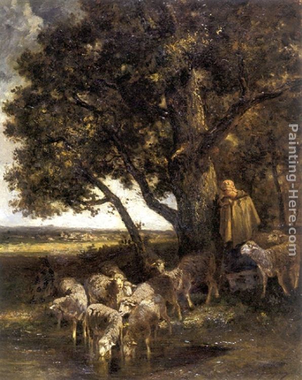 Charles Emile Jacque A Shepherdess with Her Flock by a Pool
